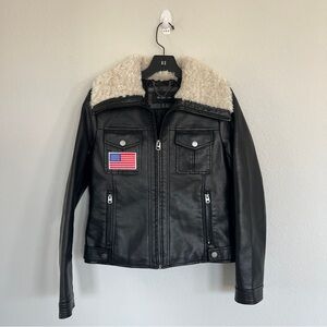BCBG Paris Black Faux Leather Jacket with Shearling Collar & American Flag Patch